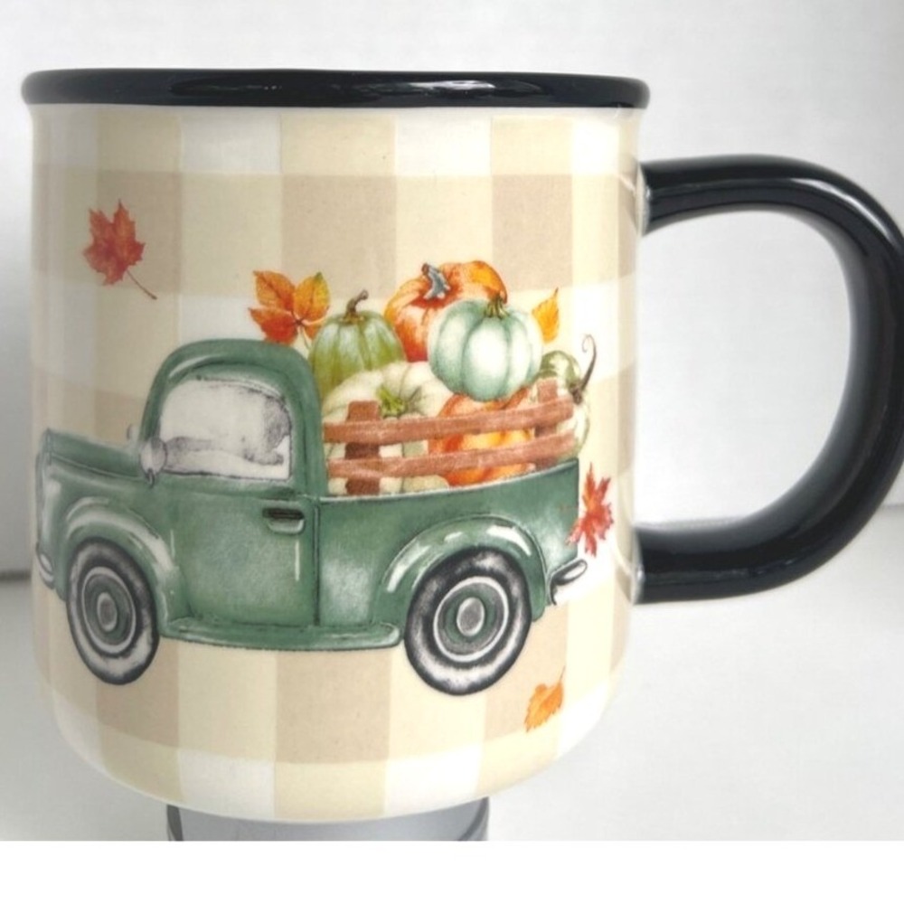 Vintage Inspired Fall Truck Mug 16 oz Cream Black Buffalo‎ Check Farmhouse Core